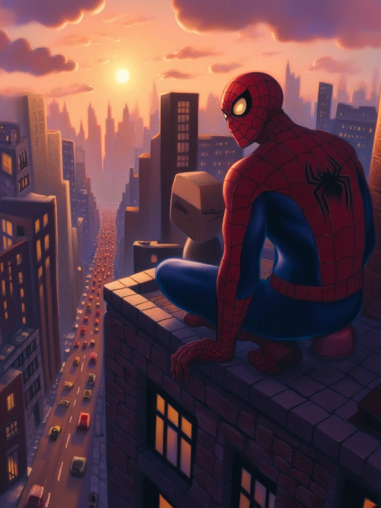 mrygp, Spider-Man sits perched atop a New York City skyscraper at sunset, the sky painted in warm hues of orange and purple. His mask reflects the city lights below as he gazes down over the bustling streets, ready to swing into action at a moment’s notice. His stance is tense yet agile, and the wind lifts the edge of his suit, capturing the balance between calm observation and readiness to protect the city.