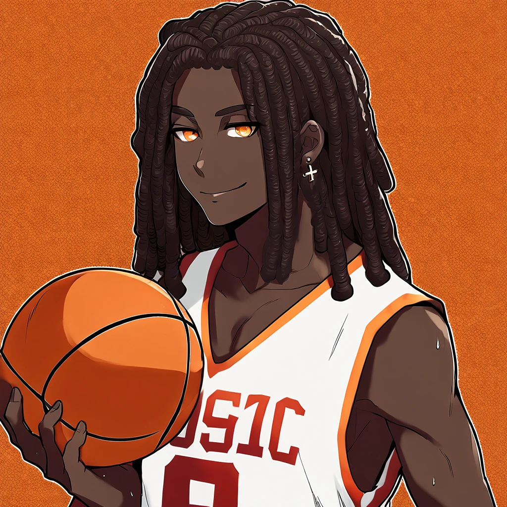 1boy, solo, messy hair, medium length hair, very dark skin, black and brown dreadlocks, smirking, deliciated features, no fringe, without bangs, orange eyes, sweating, white basketball jersey with a number 6 on it, cross earrings, stud earrings, holding a orange basketball, basketball court background