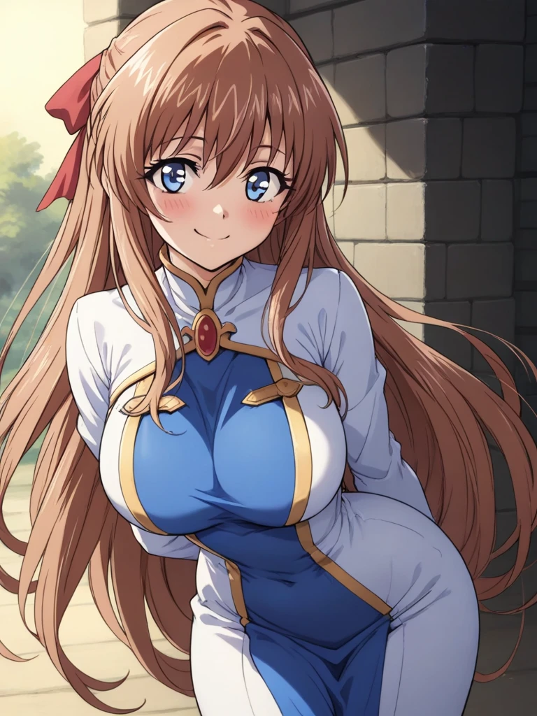 masterpiece, best quality, KanzakiAoi, 1girl, solo, long hair, brown hair, blue eyes, large breasts, hair ribbon, smile, blush, priestess \(goblin slayer!\) costume, 