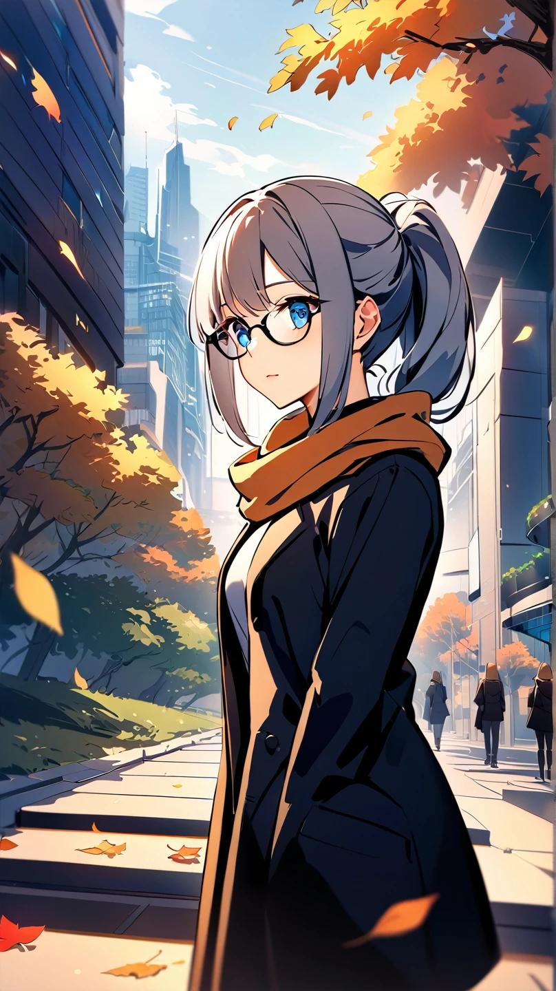 A beautiful female scientist with silver hair styled in a sleek ponytail, wearing stylish eyeglasses and gazing thoughtfully in a futuristic garden within a sci-fi city. She has striking blue eyes and a calm, intelligent expression. She is dressed in a sophisticated black tweed blazer over a cozy cashmere scarf, paired with dark skinny jeans, blending elegance with a hint of modern style. The background showcases a vibrant garden with autumn foliage—trees with leaves in shades of red, orange, and gold—set against a sleek, futuristic cityscape. Fallen leaves scatter across the ground, adding warmth to the scene. The character is positioned on the right side of the image, with a focus on her upper body, as she stands in a relaxed pose. Soft, golden sunlight filters through the trees, illuminating her face and casting gentle shadows that enhance the cozy, fall atmosphere.