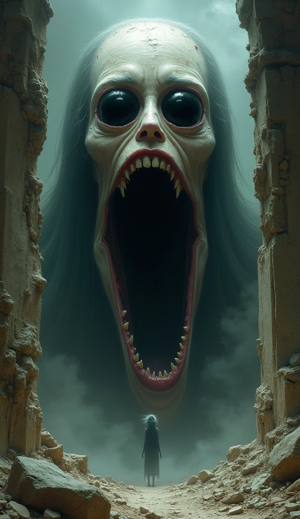 Giant toothless smile and deep eyes without light, VHS style
