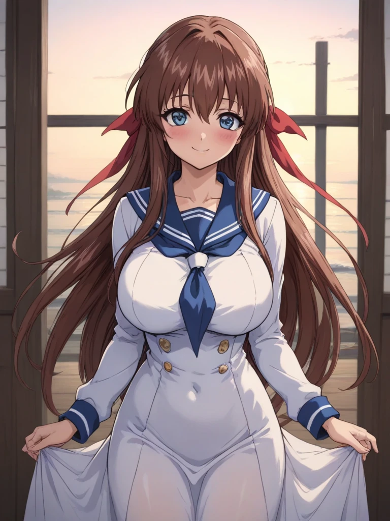 masterpiece, best quality, KanzakiAoi, 1girl, solo, long hair, brown hair, blue eyes, large breasts, hair ribbon, smile, blush, marine sailor,