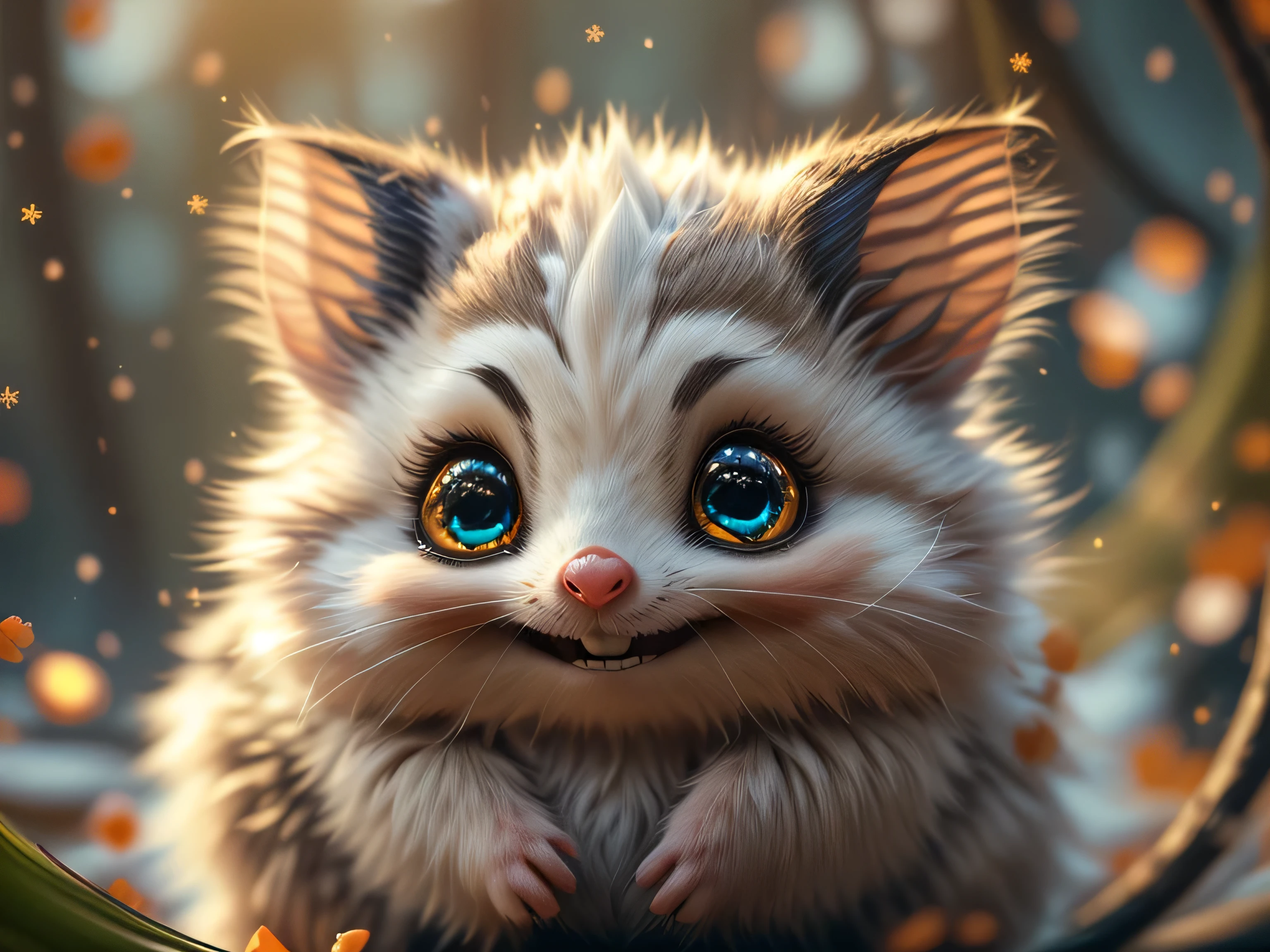 Magical Fantasy Creature, (best quality, masterpiece, Representative work, official art, Professional, Ultra high detail, 8k:1.3) super cute, big-eyed, with a soft, gentle nose, fluffy, smiling with two teeth, pygmy possum on a natural background, realistic, beautiful, sparkles, stars in the eyes, soft volumetric light, (backlight:1.3), (cinematic:1.2), intricate details, (ArtStation:1.3), --auto --s2