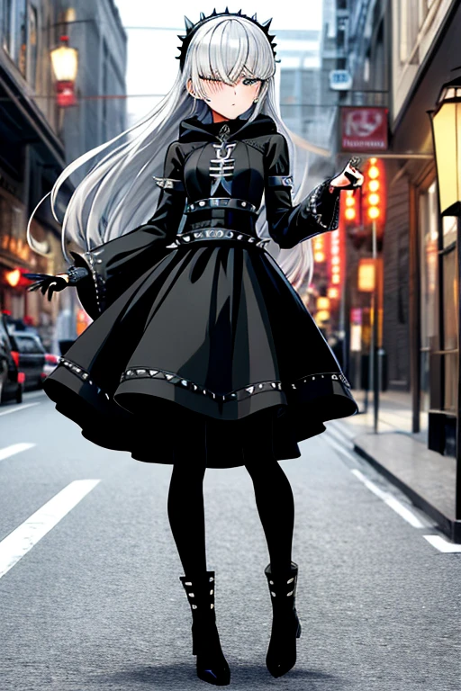 ((best quality)), ((masterpiece)), (detailed), 1 girl, Full body, s, embarrassed face, Silver eye, Grey hood, Blushing, Silver hair, Straight hair, long hair, ahoge, Bangs, Lock of hair covering right eye, Full body, very tall, small breasts, Slim body, Metal spikes, Grey wristbands, Long black gloves with spikes, Lantern sleeves, Grey Gothic ta dress, Grey dress with metal spikes, Metal emblem, Somewhat tight, Black belt, Metal legs, Black pantyhose, Black boots, Metal coming out of the road, City background, Anime