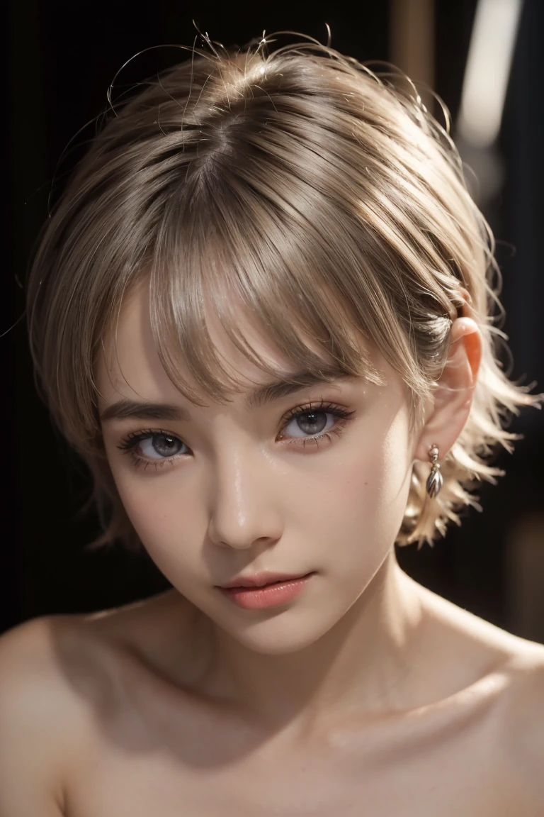 (((nude)))、( best quality, masterpiece),  1 girl,  beautiful girls, brown_eye, ((hair color [Silver hair], [ pixie cut with bangs ] hair)),  earrings for a woman alone, lips, Short sleeve,Realistic,  thin waist, Charming,  colorful makeup  , Long eyelashes,  white skin, (cute), (Detailed face), 詳細ed eye, Detailed iris,、,(front focus),( in the dark :1.6), Looking for a Smile, fantasy art,  photorealistic ,  dynamic lighting ,  Art Station , Poster, Stereo lighting ,  extremely detailed face , 4k yen, Awards,,  one girl ,  in the dark ,  deep shadow hidden in the shadows, Modest, cowboy shots,((((Tightly bound: 1.1)))) ,長いhair,灰色のhair,