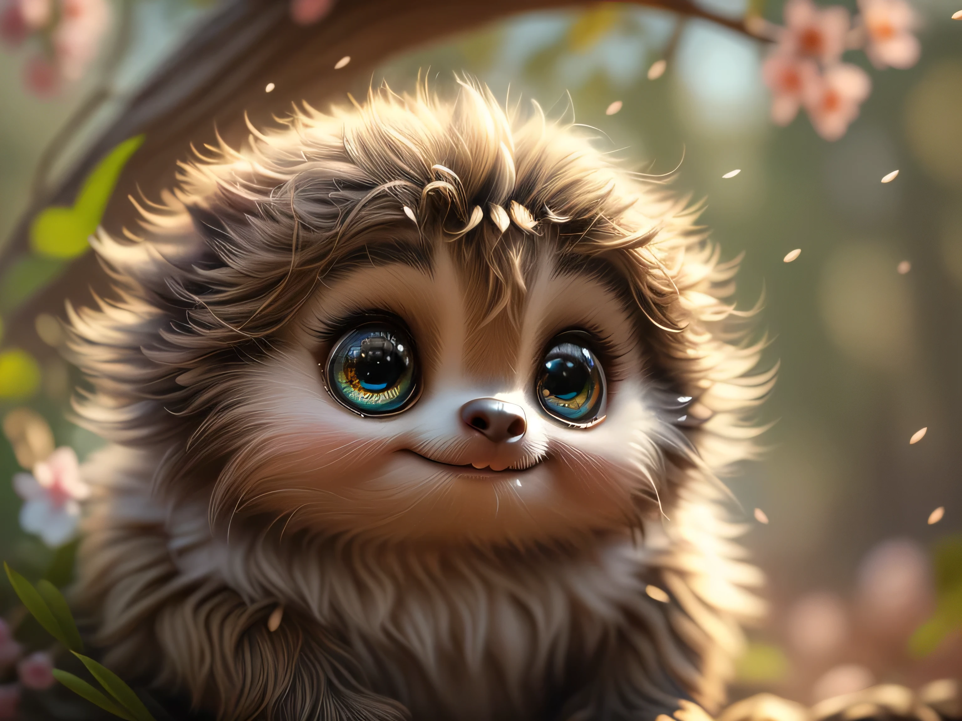 Magical Fantasy Creature, (Best Quality, Masterpiece, Representative Work, Official Art, Professional, Super Detailed, 8k:1.3), (Photorealism:1.2) Super Cute, Big Eyes, Soft, Soft Nose, Fluffy, Two-Toothed Smile, Sloth in Natural Background, Realistic, Beautiful, Stars in Eyes, Soft Volumetric Light, (Backlight:1.3), (Cinematic:1.2), Intricate Details, (ArtStation:1.3), --auto --s2