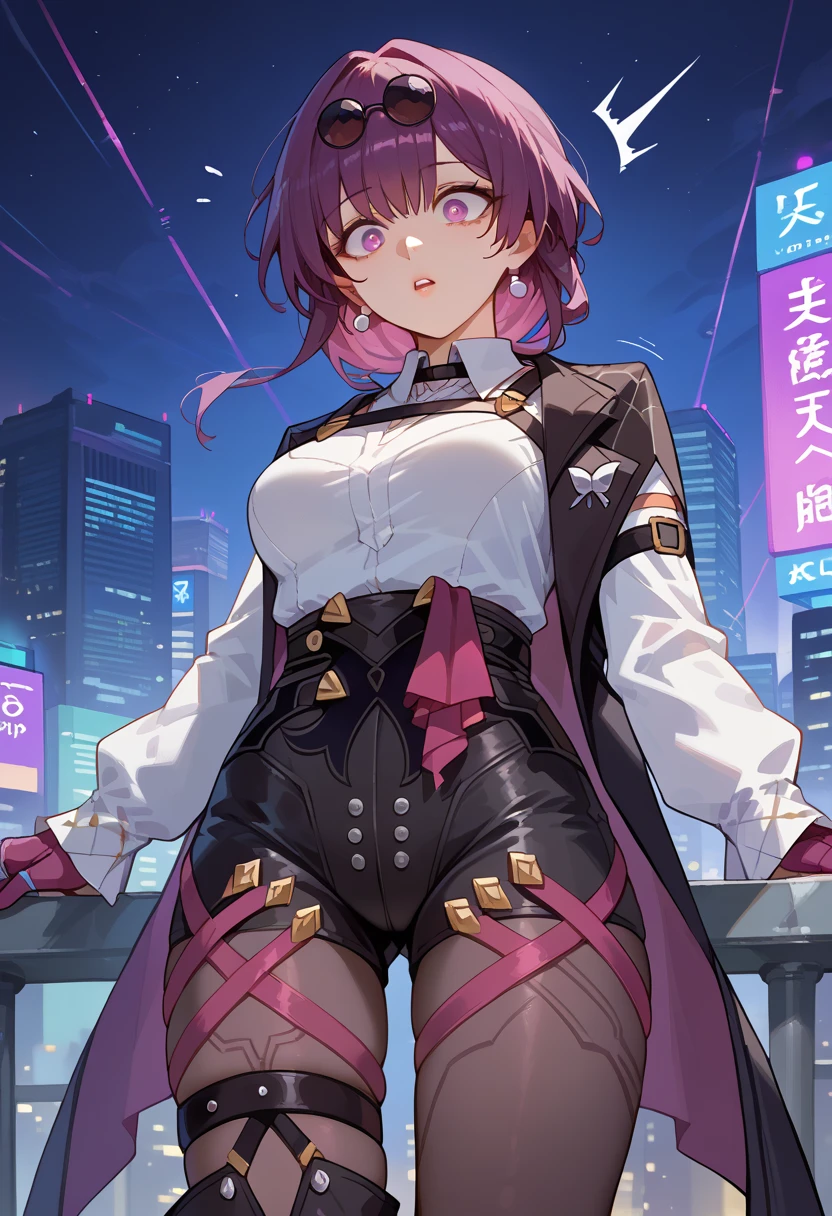 score_9, score_8_up, score_7_up, 1girl, solo, (teenager:1.5), kfka, purple eyes, purple hair, bangs, sidelocks, eyewear on head, earrings, white shirt, collared shirt, long sleeves, black jacket, jacket on shoulders, harness, medium breasts, purple gloves, black shorts, high-waist shorts, purple thigh straps, pantyhose, single thigh boot, standing, surprised, shaking, looking down, futuristic city, night, centered image