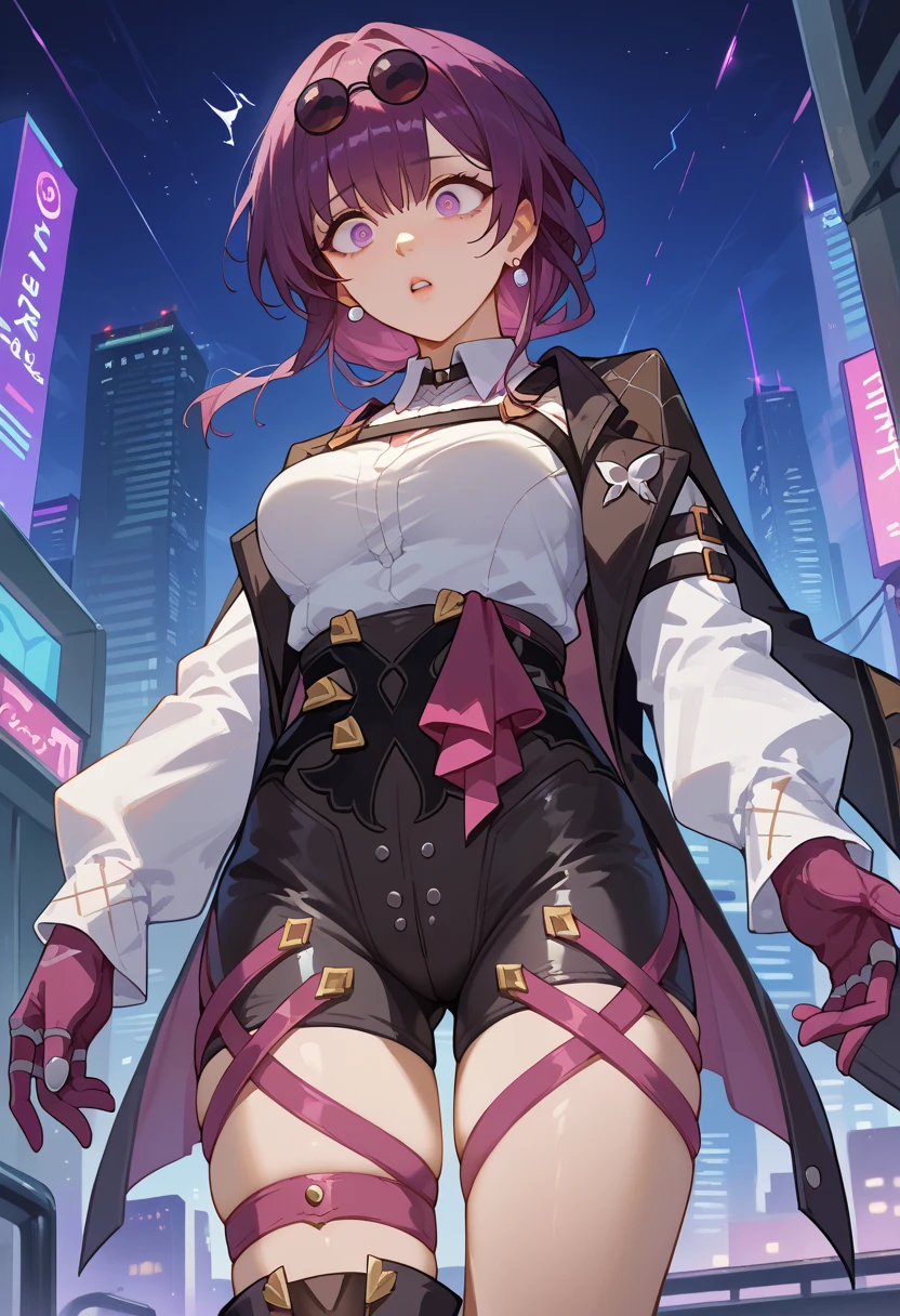 score_9, score_8_up, score_7_up, 1girl, solo, (teenager:1.5), kfka, purple eyes, purple hair, bangs, sidelocks, eyewear on head, earrings, white shirt, collared shirt, long sleeves, black jacket, jacket on shoulders, harness, medium breasts, purple gloves, black shorts, high-waist shorts, purple thigh straps, pantyhose, single thigh boot, standing, shocked, shaking, looking down, futuristic city, night, centered image