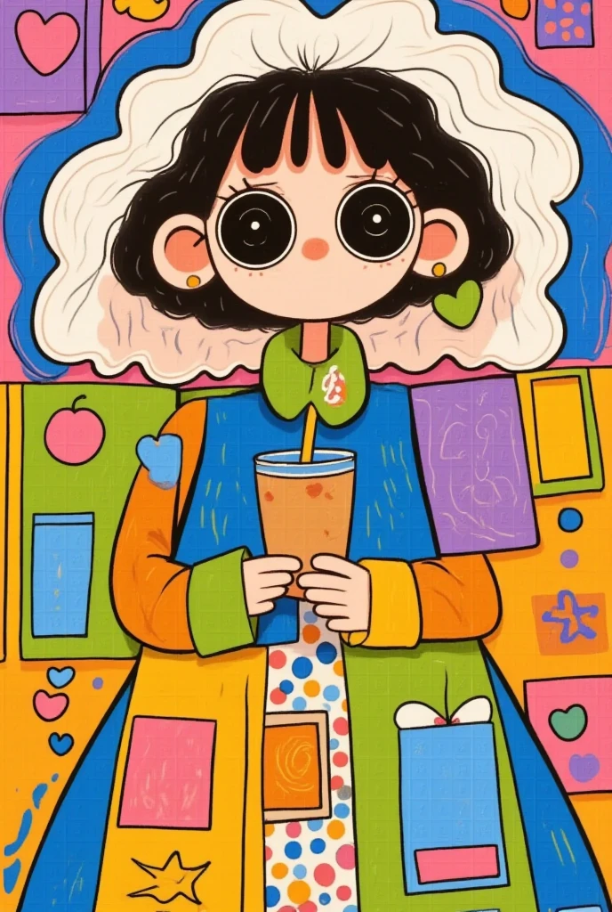   Drawing depicting a girl with long hair,   Holding milk tea in hand🧋，Hand drawn cartoon style,   2 d gouache illustration  ,   brightly colored illustrations  , Cute cartoon ,   Lovely illustrations ：Sad girl ，cloud，Colored Rain 。  solid color background