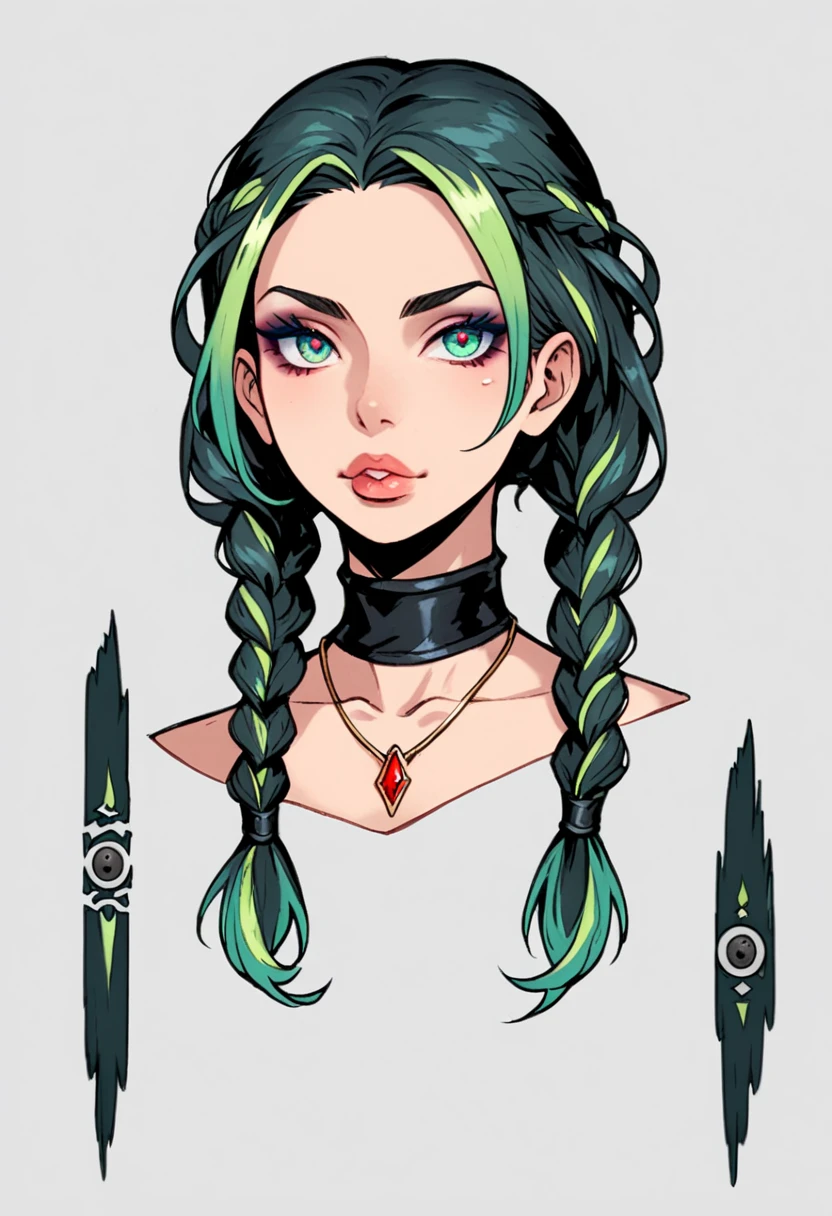 Character model sheet in manga style of a young woman with a unique, alternative look. She has long braided hair with bold green highlights mixed with dark tones, and layered bangs partially covering her forehead. Her eyebrows are thick and well-defined, enhancing her expressive look. She has large eyes with sharp eyeliner, a rounded nose with a septum piercing, and full lips with a subtle pout. Her face is round with soft cheeks and a subtle jawline. The model sheet includes a full-body view from the front, side, and back, showcasing her alternative-style clothing, accessories like necklaces and chokers, and intricate character details. Detailed line work and shading highlight her unique, youthful appearance and edgy attitude. Simple background to keep focus on character details.