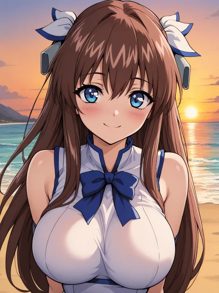 masterpiece, best quality, KanzakiAoi, 1girl, solo, long hair, brown hair, blue eyes, large breasts, hair ribbon, smile, blush, hestia uniform, sunset, beach, sunset,