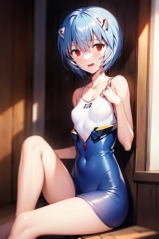 (( best quality)), ((masterpiece)), (be familiar with),  perfect face, indoor, bedroom,  viewer,
One woman, Rei Ayanami,
 characters with open mouth ,  ecstatic expression with hands in front of body, blush, smile,
Small breasts,  flat chest, Young girl, Lori,  s,  girl,
Short Hair,  short hair,
Leg spread,