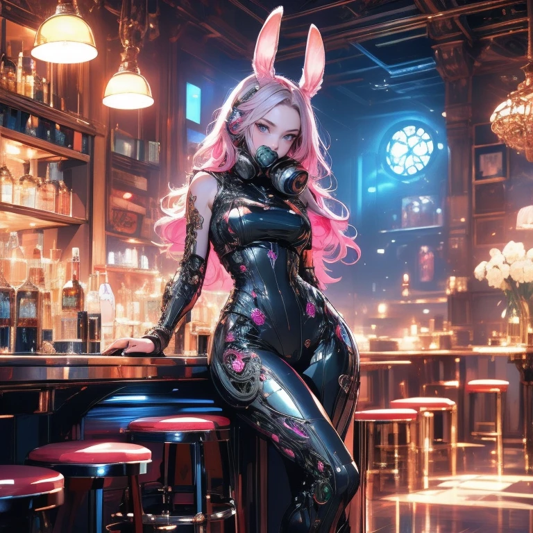 (8K, masutepiece, Best Quality, Official art, Breathtaking beauty and aesthetics, A highly Beautiful detailed, beautiful lighting, The best masterpiece in history that exceeds limits:1.2), (1 Girl, Solo), (), (Beautiful detailed face), (shiny white skin), (Beautiful big bust, cleavage:1.3), (thighs, zettai_ryouiki, thigh_gap, black fishnet pantyhose, garter straps, garter stockings:1.2), (Beautiful detailed pastel pink twin tails hair, Bangs:1.3), (beautiful detailed droopin pink eyes:1.5), (Beautiful detailed cute black playboy bunny costume, black See-through intricate lace, black bow ribbon, rabbit ears:1.3), (happy smile:1.2), (Attractive, sensational, Look at the camera, cute pose, standing), breathtaking scenery, (ultra detailed realistic beautiful bar counter, Liquor, Cocktail glass, Wine:1.2),