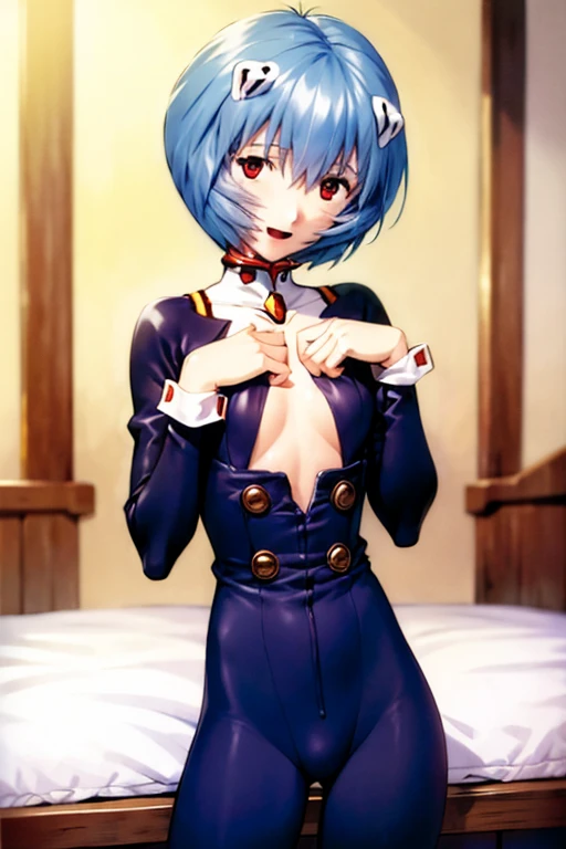 (( best quality)), ((masterpiece)), (be familiar with),  perfect face, indoor, bedroom,  viewer,
One woman, Rei Ayanami,
 characters with open mouth ,  ecstatic expression with hands in front of body, blush, smile,
Small breasts,  flat chest, Young girl, Lori,  s,  girl,
Short Hair,  short hair,
Leg spread,