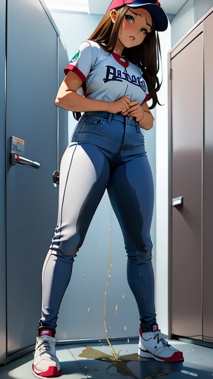 adult woman, slut, skimpy, very tall, big boobs, big butt, thick thighs, voluptuous body, slim waist, sports uniform, volleyball, in the locker room, she is too tall for the small locker room, she is too tall too stand up straight, her head touches the ceiling, bumped her head on the roof, taller than the door, hunched over, she is too tall to make it through the door, White uniform, baseball cap, brown braids hair, curvy, thin waist, thigh gap, thick thighs, big butt, bubble butt, hands in the air, crotch visible, peeing self, wetting self, pee flowing into her pants, glistening pee stain on crotch, pee flowing from her crotch down her legs, giantess