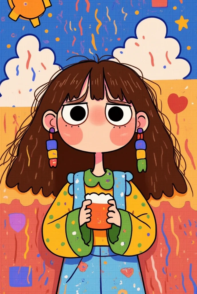   Drawing depicting a girl with long hair,   Holding milk tea in hand🧋，Hand drawn cartoon style,   2 d gouache illustration  ,   brightly colored illustrations  , Cute cartoon ,   Lovely illustrations ：Sad girl ，cloud，Colored Rain 。  solid color background