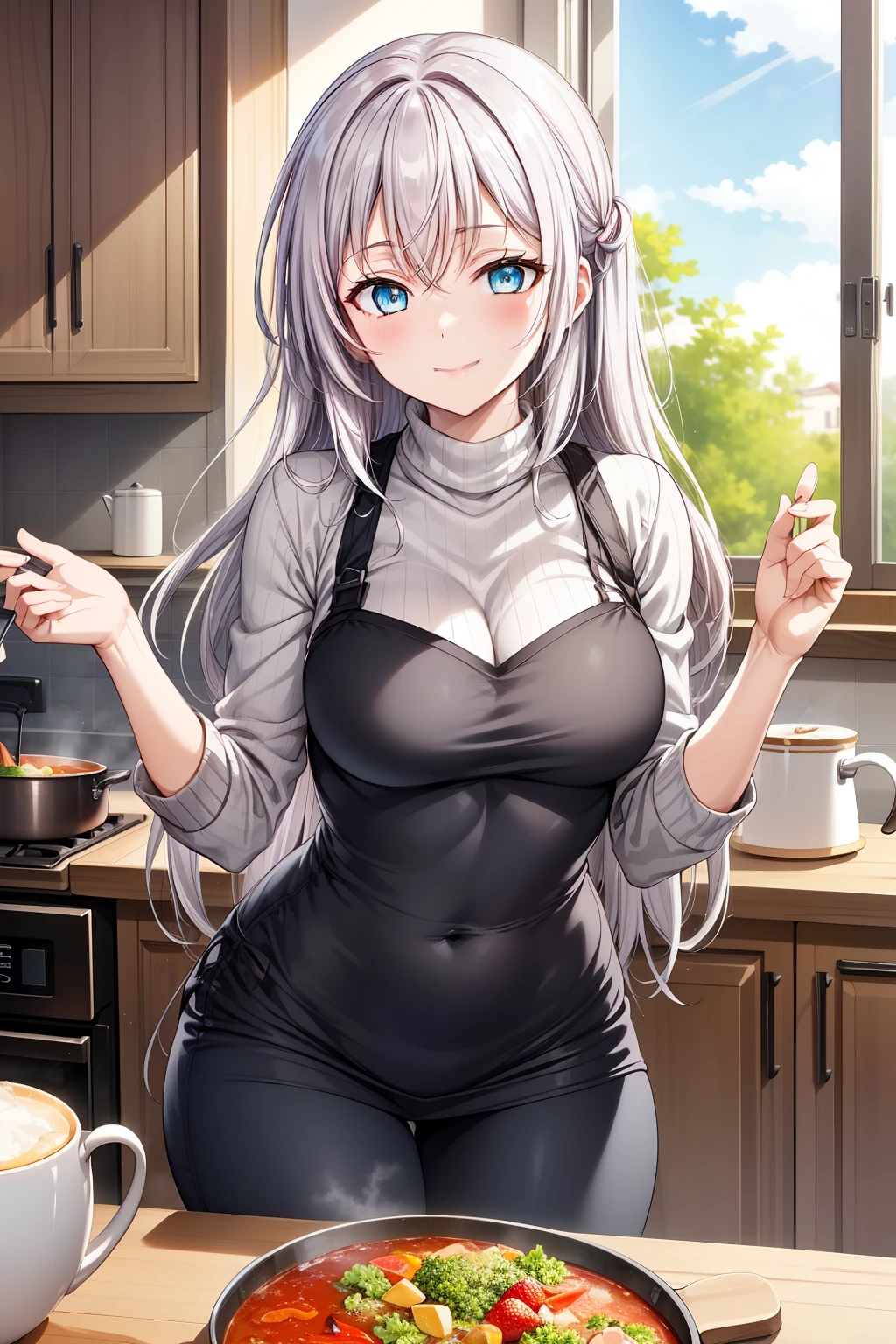  "(morning:1.7), a captivating anime girl, Alisa Kujou, with (22 years:1.1), (beautiful character design:1.4). She has (long white hair:1.4) elegantly flowing and (blue eyes:1.5) that shine brightly in the soft morning light. Alisa is in the kitchen, cooking a delicious breakfast. She wears a casual, comfortable outfit—a cozy, fitted sweater and soft pants, perfect for a relaxed morning at home. Her expression is focused yet warm, radiating a gentle energy as she stirs a pan on the stove.

Her (slim figure:1.3) and (elegant curves:1.2) are highlighted as she moves gracefully around the kitchen, adding ingredients to the pan with ease. The kitchen is cozy, with wooden counters, warm light coming through the windows, and a touch of rustic charm. The aroma of the meal fills the air, and you can see the sizzling food in the pan, creating a sense of comfort and homeliness.

Alisa flashes a soft, content smile as she prepares the meal, clearly enjoying the simple joy of cooking. Her body language exudes calm confidence, with a relaxed posture and graceful movements. In the background, a beautiful table is set with plates, mugs, and fresh fruit, waiting for the delicious meal to be served. The lighting creates a warm, inviting atmosphere, casting a gentle glow over the scene and enhancing Alisa's radiant presence."