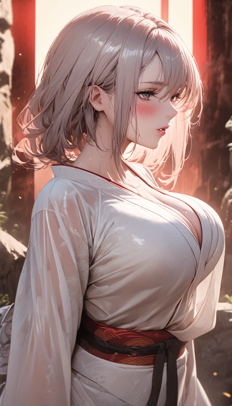 masterpiece,  best quality, A Beautiful Woman , Pale skin, German, Female Body,Silver Head, Silver Hair, big breasts at the temple, Bright Eyes,  erotic, (((( Ultra Thin Transparent Fabric White Kimono with Red Lines)))), (((Bare Chest))), No cutouts, (Moonlit Wilderness Background ,Deserted background), illustration style , (8k,  Movie-like  elements, Realistic. ,  sharp concentration),  complex background,  Movie-like , 3-part construction , Backlight,  intricate detail,F cup breasts,(nod,the guy,scarlet),( kimono with large slits ),Beautiful legs, Viewers,Beautiful detailed face and eyes , sexy appearance ,(Face pressing for a kiss,blush,Glossy wet lips)