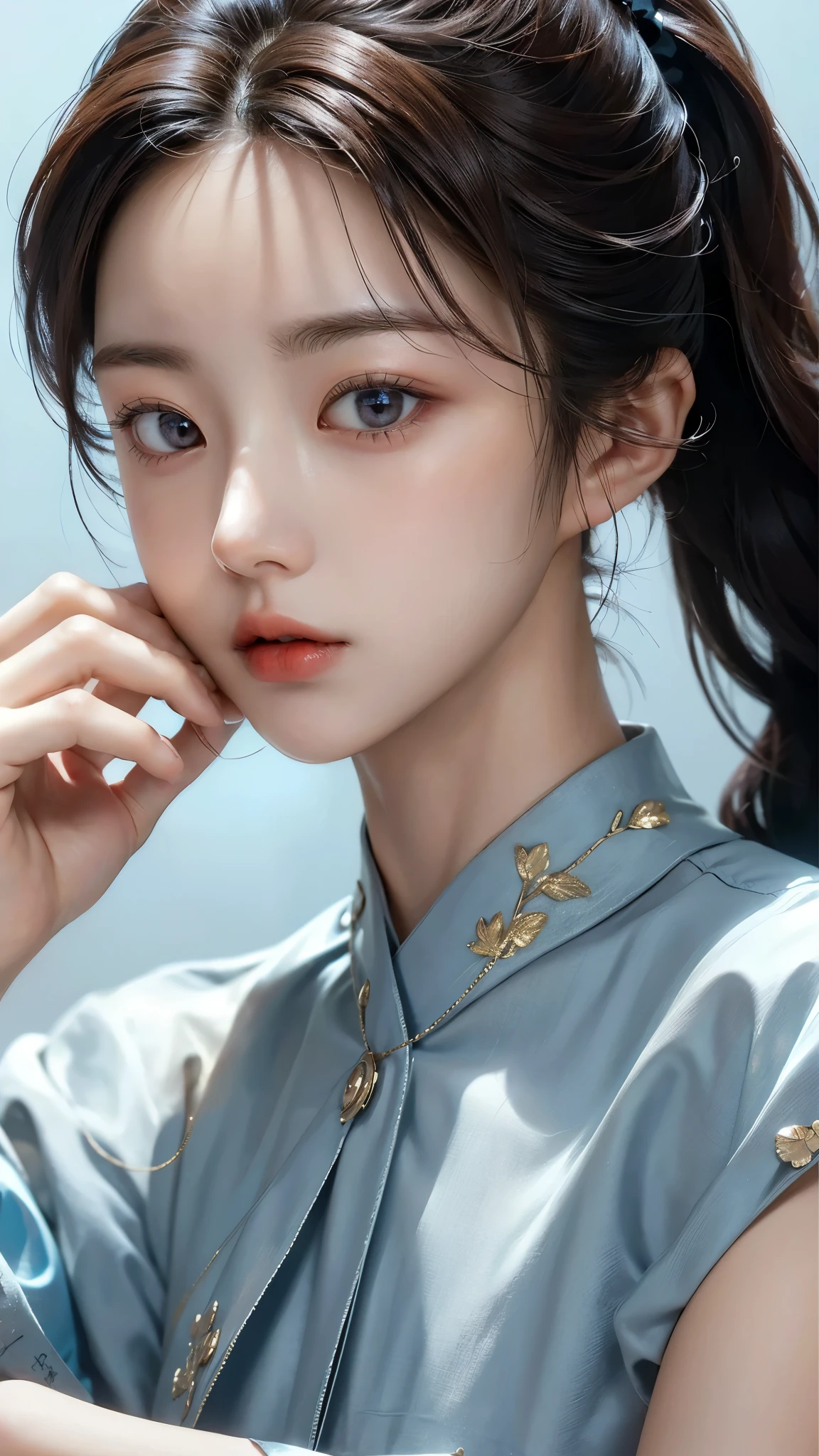 (masterpiece), ( top notch ), ( High Quality Details), (illustration), (1 woman), look at the viewer and focus on the , (Interview), beautiful and detailed eyes , delicate and beautiful face , Floating , (High saturation), (shining), blue sky, Bright and beautiful face, skin is young and radiant , Fair and shining, Best appearance , Very beautiful, big eyes shine with clear sky blue light, beautiful and amazing beautiful girl ,