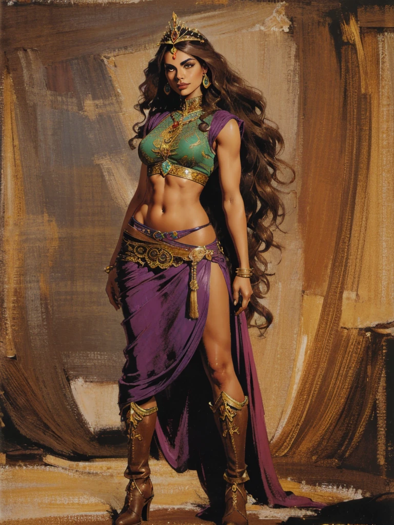 ((best quality)), ((4k)), ((highres)), ((masterpiece:1.2)). ((detailed)), ((ultra realistic)), ((intricate details)), ((full body picture)), ((character design sheet)), ((blank background)), a full body picture of a beautifull middle eastern female, arabic woman, fantasy warrior woman, fantasy odalisque woman, tall woman, fierce pose, perfect face, gorgeous face, detailed eyes, detailed lips, about 25 years old, about 6'0 ft. tall, long crisp curly bushy hair, brown hair, ((emphasis on her long crisp curly bushy brown hair)), slicked back hair, hourglass shaped body, dressed in a fantasy sleeveless desert clothing ((emphasis on her fantasy sleeveless desert clothing)), midriff, ((midriff)), multi-colored outfit, ((emphasis on multi-colored outfit)), boots, chain head tiara, fantasy concept art, fantasy character concept art, full body, full body concept art, full body art
