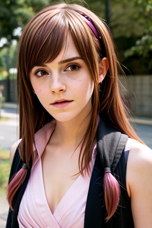 Screenshot of the seven deadly sins. A long-haired girl with a brown ponytail with pink highlights with bangs. His eyes are different colors, His right eye is shiny black, his left eye is shiny dark red and he has a cheerful and fun personality.. He is wearing a , white with bright red stars, His sleeves are long but they are cut in half and he has brown pants.(And really look like a girl)
