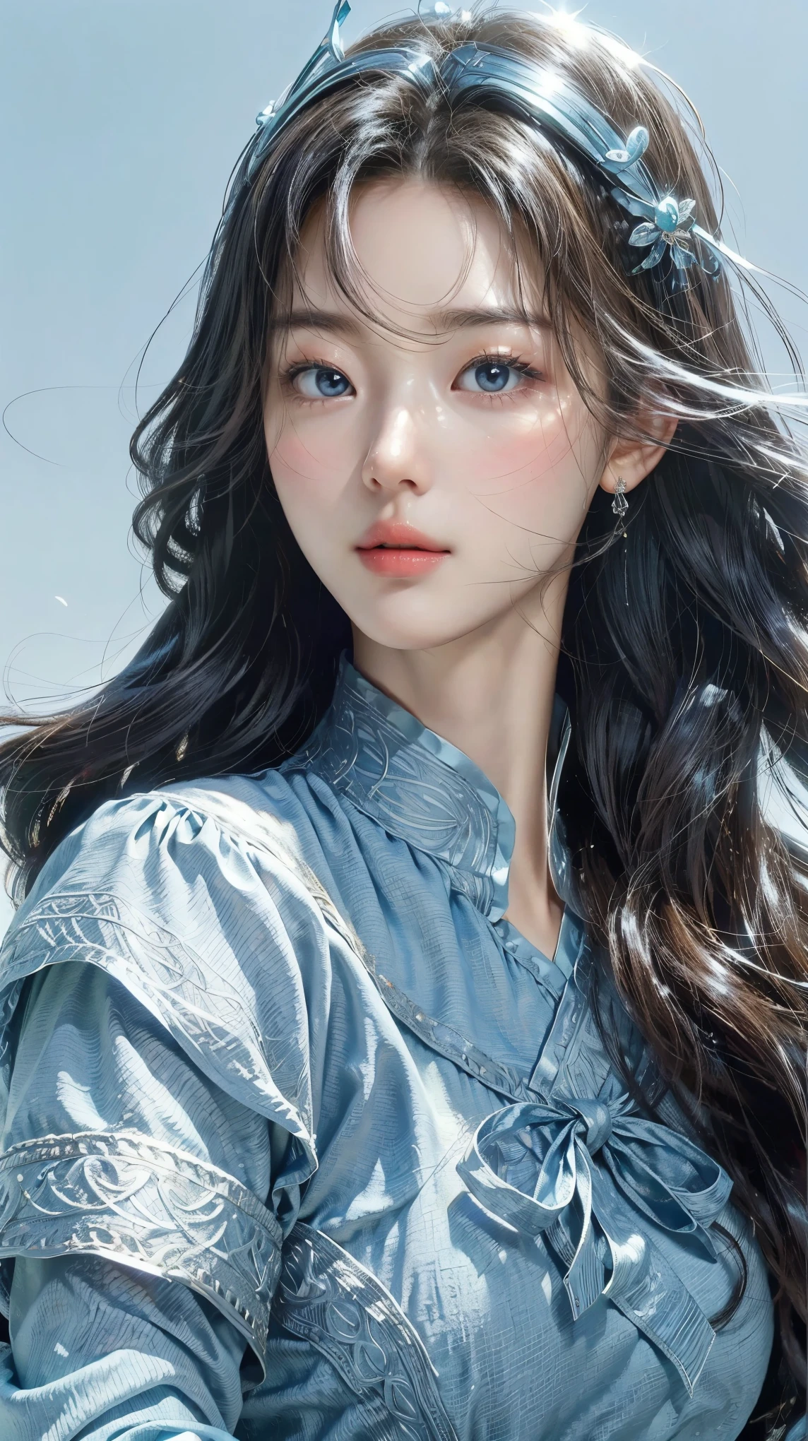 (masterpiece), ( top ), (  High Quality Details), (illustration), ( Watch 1 female ), 보는 사람을 응시하며 , (Interview),  Beautiful, Detailed Eyes  ,  delicate and beautiful face  , Floating  , (High saturation), (shining),  blue sky, Bright and beautiful face,  skin is young and radiant  , Fair and shining, top 외모 , Very beautiful,  Her big eyes shine with a clear sky blue light while staring at the viewer ,  A beautiful and amazingly beautiful girl staring at her viewer ,