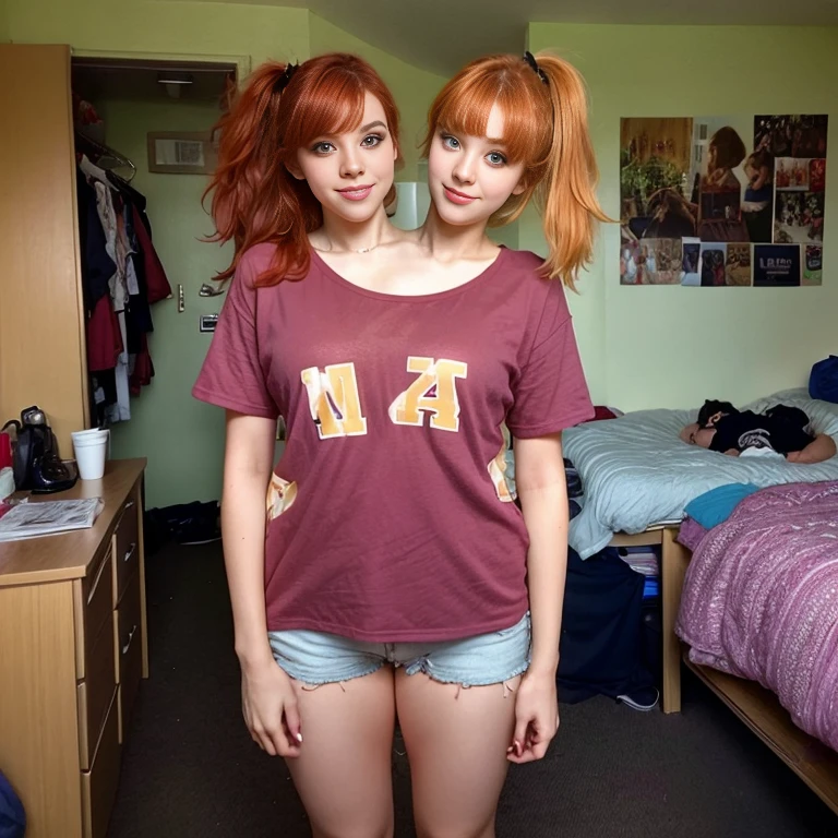 2heads, two headed girl, (two legs:1.5), (13 year old girl:1.4), (red hair:1.5), (blonde hair:1.5)