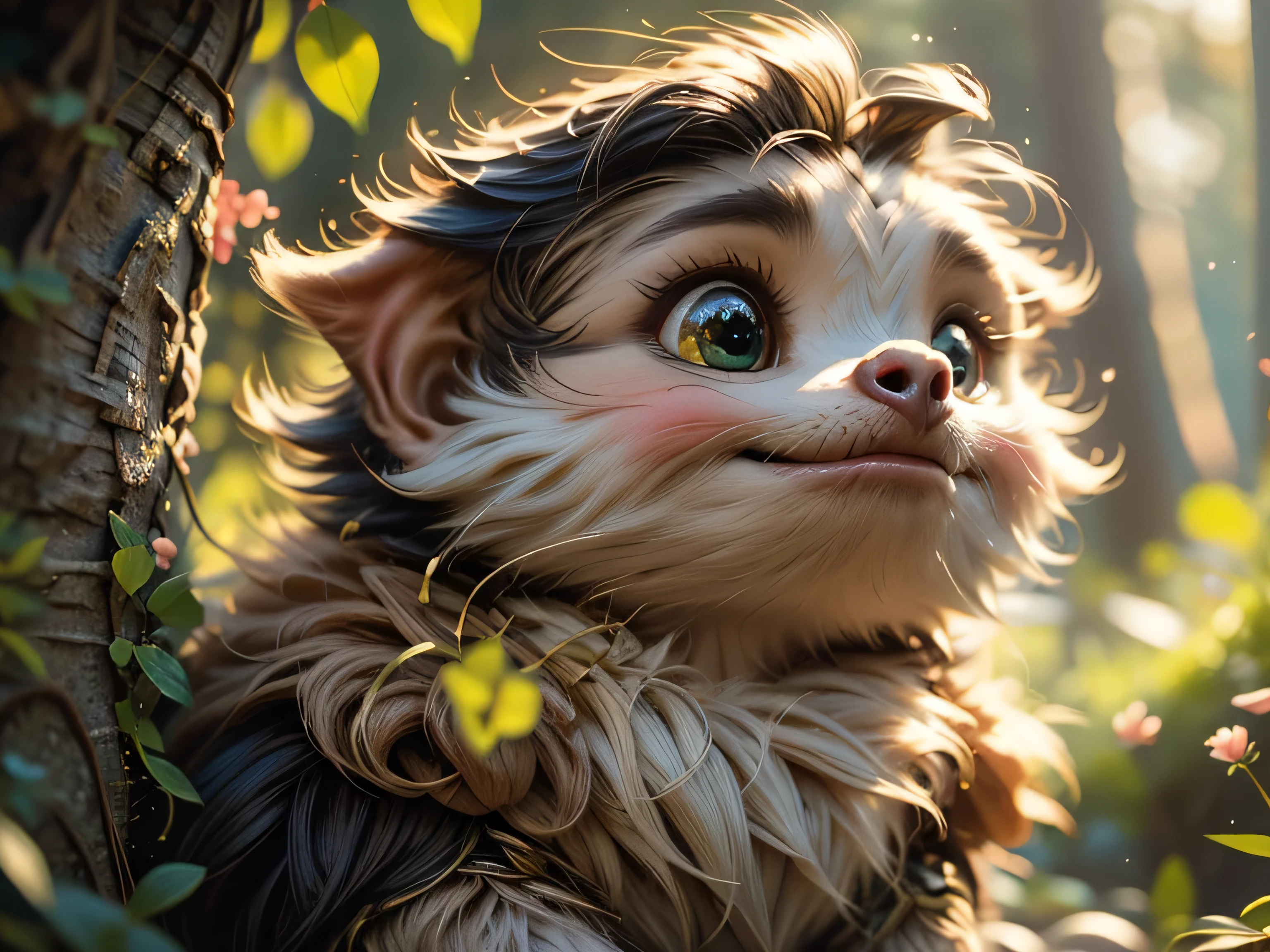 Magical Fantasy Creature, (Best Quality, Masterpiece, Representative Work, Official Art, Professional, Super Detailed, 8k:1.3), (Photorealism:1.2) Super Cute, Big Eyes, Soft, Soft Nose, Fluffy, Two-Toothed Smile, Sloth in Natural Background, Realistic, Beautiful, Stars in Eyes, Soft Volumetric Light, (Backlight:1.3), (Cinematic:1.2), Intricate Details, (ArtStation:1.3), --auto --s2