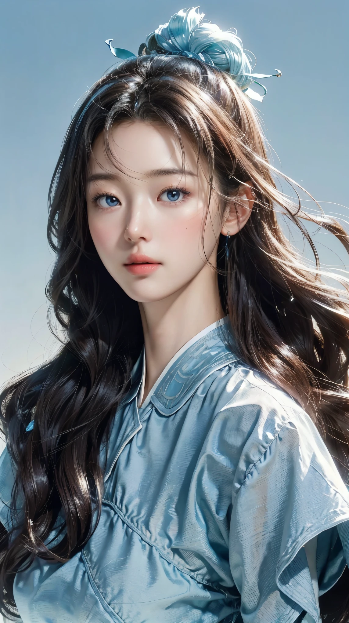 (masterpiece), ( top ), ( High Quality Details), (illustration), ( Watch 1 female ), Staring at the viewer , (Interview), Beautiful, Detailed Eyes , delicate and beautiful face , Floating , (High saturation), (shining), blue sky, Bright and beautiful face, skin is young and radiant , Fair and shining, top 외모 , Very beautiful, Her big eyes shine with a clear sky blue light while staring at the viewer , A beautiful and amazingly beautiful girl ,