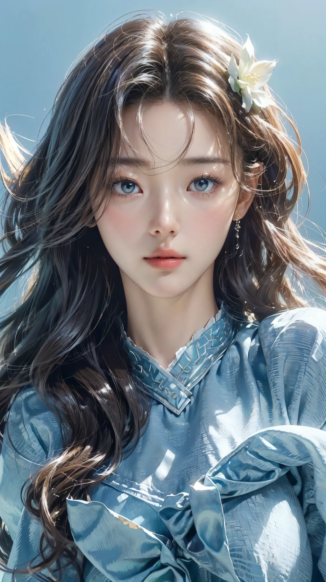 (masterpiece), ( top ), (  High Quality Details), (illustration), ( Watch 1 female ), Staring at the viewer , (Interview),  Beautiful, Detailed Eyes  ,  delicate and beautiful face  , Floating  , (High saturation), (shining),  blue sky, Bright and beautiful face,  skin is young and radiant  , Fair and shining, top 외모 , Very beautiful,  Her big eyes shine with a clear sky blue light while staring at the viewer ,  A beautiful and amazingly beautiful girl staring at her viewer ,