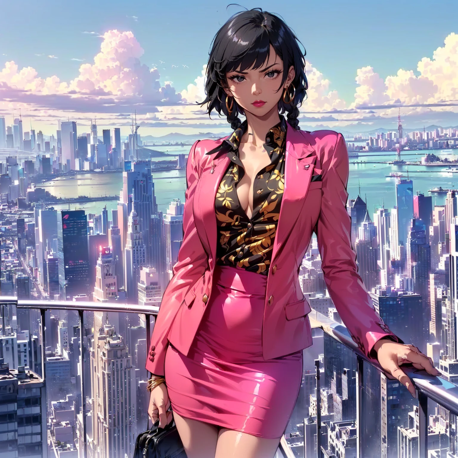 ((1girl, solo ,alone, ((soifon, sui-feng, short hair, balck hair, black eyes, small bust, soifon, small breasts, tiny breasts, hair braids)), gold bracelets, ruby earrings)), ((solo, 1woman, pink lipstick, Extremely detailed, ambient soft lighting, 4k, perfect eyes, a perfect face, perfect lighting, a 1girl)), austere, ((fitness,, shapely body, athletic body, toned body)), ((pink suit, pink blazer, pink skirt, pencil skirt, colored dress shirt, dress shirt, terrace, top of a building, balcony, city, sunset, clouds, horizon, smug, walking))