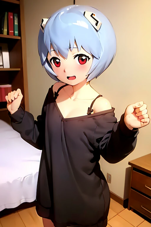 (( best quality)), ((masterpiece)), (be familiar with),  perfect face, indoor, bedroom,  viewer,
One woman, Rei Ayanami,
 characters with open mouth ,  ecstatic expression with hands in front of body, blush, smile,
Small breasts,  flat chest, Young girl, Lori,  s,  girl,
Short Hair,  short hair,
Leg spread,