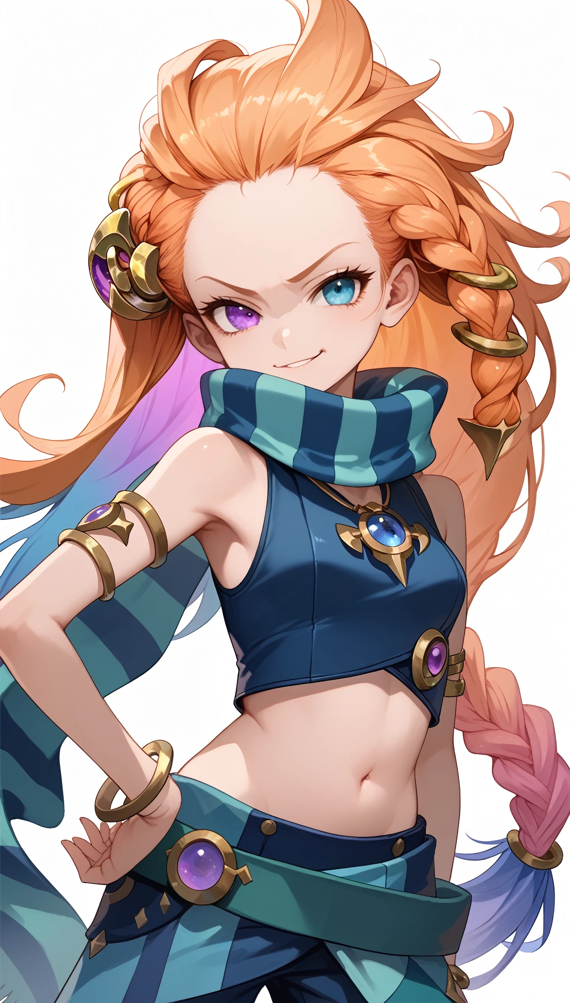 Anime, 1girl, ZoeLoLXL, purple eyes, (blue eye:1.1), heterochromia, orange hair, multicolored hair, gradient hair, long hair, single braid, hair ornament, forehead, small breasts, green scarf, striped scarf, bare shoulders, blue midriff, necklace, armlet, bracelet, navel, blue shorts, green belt, upper body, hand on hip, smirk, mischievous, looking at viewer, white background, simple background, score_9, score_8_up, score_7_up, unaestheticXL_bp5