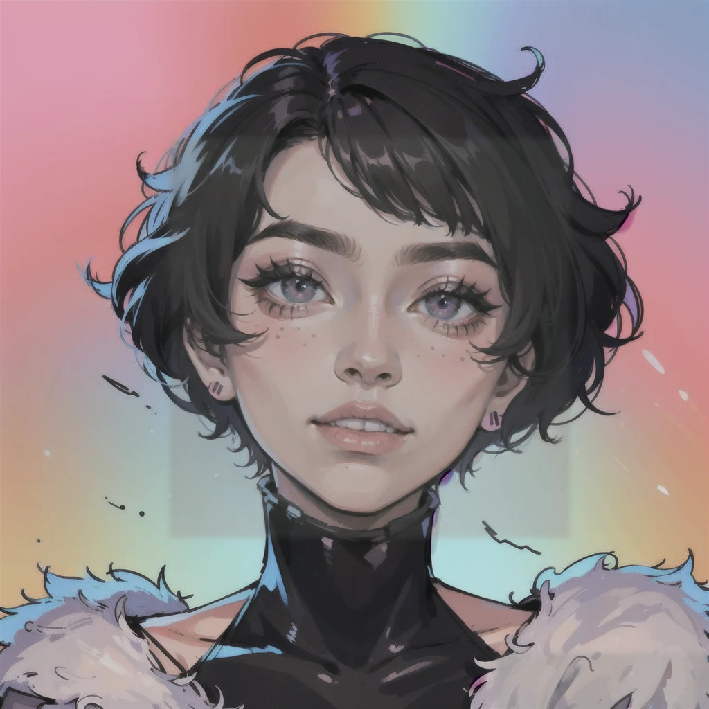 a drawing of a androgynous boy with black hair and a fur coat, nft portrait, loish art style, lofi portrait, rossdraws portrait, rossdraws cartoon vibrant, digital art ilya kuvshinov, digital anime illustration, procreate illustration, epic portrait illustration, rossdraws 1. 0, anime style portrait, cute portrait, kawaii realistic portrait