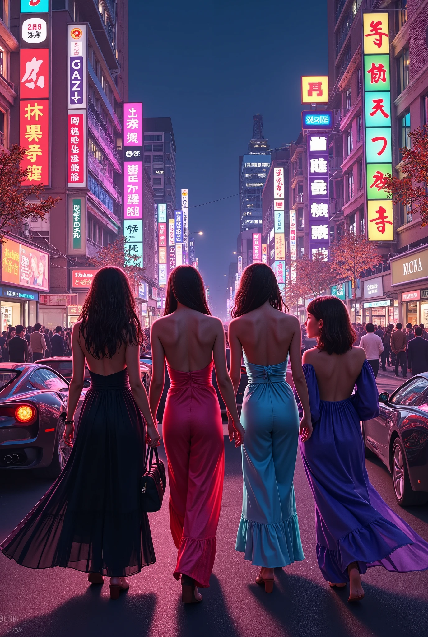 (NSFW, soft fill lighting, studio lighting, flat_chested:1.3) Hyper realistic airbrush painting of (2 nude sexy tanned Polynesian|Asian female models shopping with each other in front of night club, neon lights, holding shopping bags, wearing nothing), trending on artstation, k, global illumination, (hourglass body shapes)