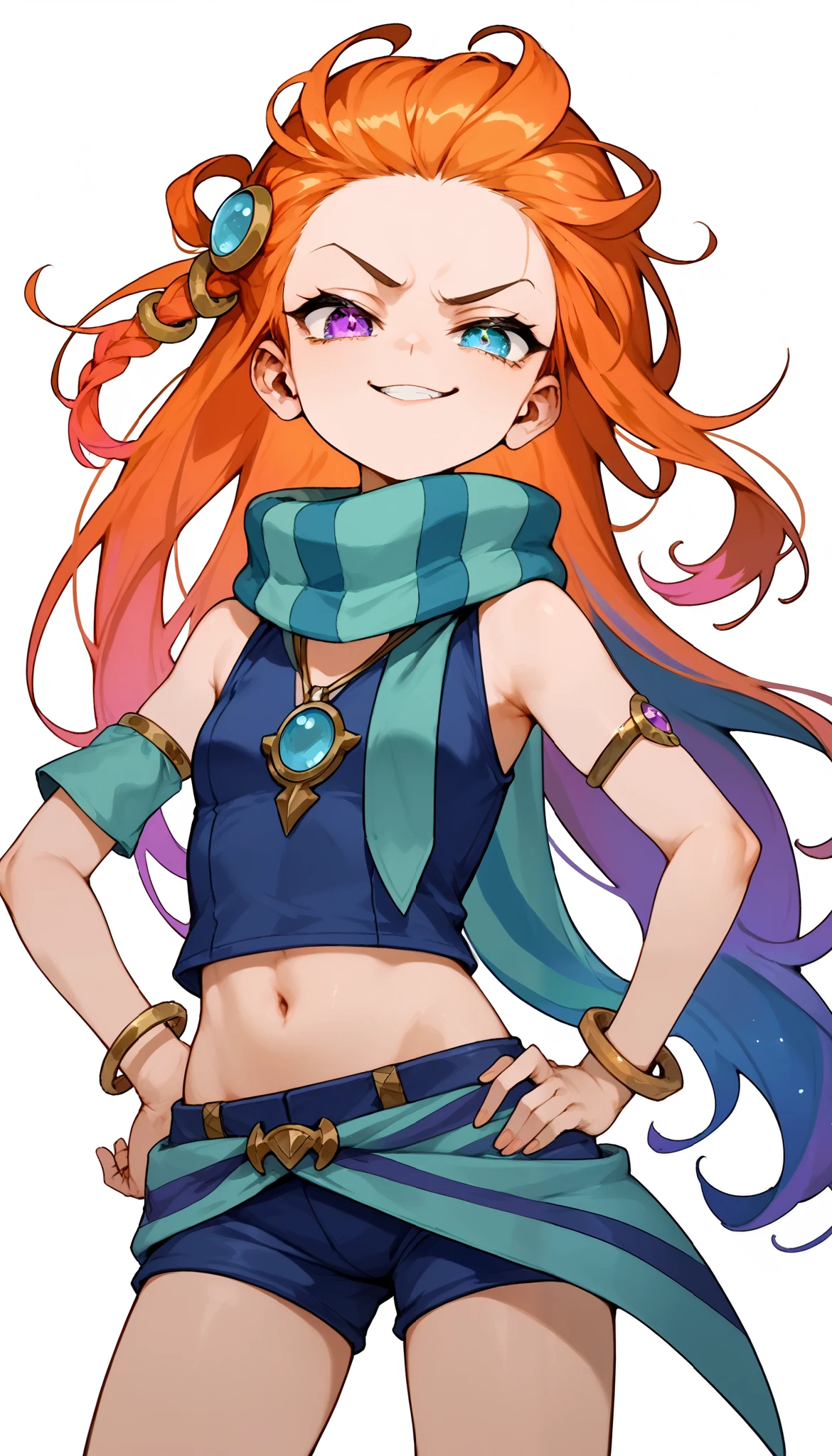 Anime, 1girl, ZoeLoLXL, purple eyes, (blue eye:1.1), heterochromia, orange hair, multicolored hair, gradient hair, long hair, single braid, hair ornament, forehead, small breasts, green scarf, striped scarf, bare shoulders, blue midriff, necklace, armlet, bracelet, navel, blue shorts, green belt, upper body, hand on hip, smirk, mischievous, looking at viewer, white background, simple background, score_9, score_8_up, score_7_up, unaestheticXL_bp5