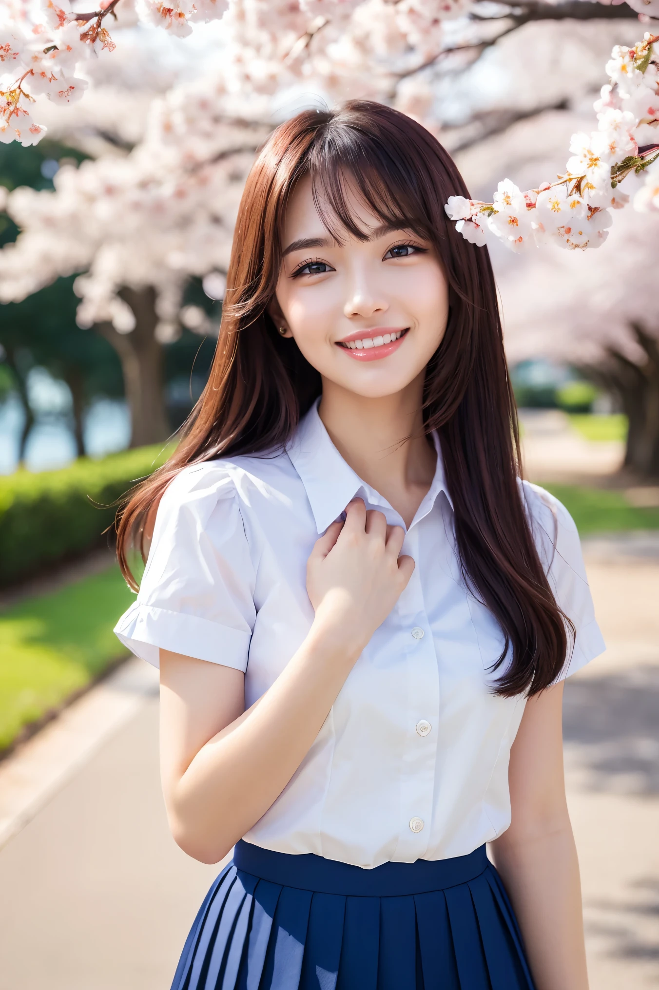 (  table top、 best quality、8k、、 ultra high resolution )、 ( cute Japanese high school girl  :1.1)、( PERFECT WHITE POLYESTER SHIRT  :1.1)、( navy pleated skirt :1.3)、(High school butterfly ribbon on chest :1.1)、Upper body photo、Cute standing pose、Accentuates the body line、 biggest smile when you look at me  、 (Very bright:1.1)、 ( PERFECT PORTRAIT PHOTO WITH A BEAUTIFUL BLURGE PARK BACKGROUND :1.1)、Beautiful cherry blossoms in full bloom 、  Ultra High Definition Beautiful Teeth  、(  super high definition shiny skin  :1.1)、(Bright and glowing skin:1.1)、 Ultra HD Shining Eyes 、 (  accurate anatomy :1.1)、  Glossy Lipsticks、  Completely-valid 、( most romantic and perfect portrait photo:1.2)