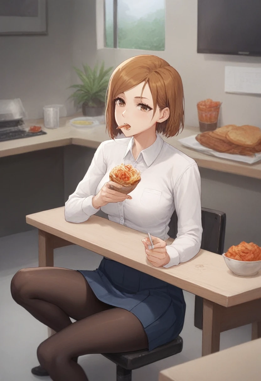 masterpiece,best quality,nsfw,1 girl,short hair,brown hair,brown eyes,precise fingers,dress shirt,skirt,long black tights,long sleeve,meal,a lot of food on the table,belly feels a little bloated,sit on a chair,underground room,trapped underground room,Kugisaki Nobara,