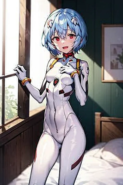 (( best quality)), ((masterpiece)), (be familiar with),  perfect face, indoor, bedroom,  viewer,
One woman, Rei Ayanami,
 characters with open mouth ,  ecstatic expression with hands in front of body, blush, smile,
Small breasts,  flat chest, Young girl, Lori,  s,  girl,
Short Hair,  short hair,
Leg spread,