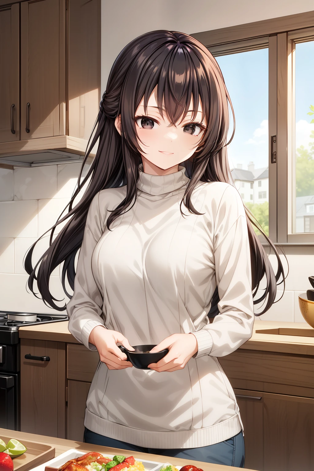 "(morning:1.7), a captivating anime girl, Alisa Kujou, with (22 years:1.1), (beautiful character design:1.4). She has (long black hair:1.4) elegantly flowing and striking (black eyes:1.5) that shine brightly in the soft morning light. Alisa is in the kitchen, cooking a delicious breakfast. She wears a casual, comfortable outfit—a cozy, fitted sweater and soft pants, perfect for a relaxed morning at home. Her expression is focused yet warm, radiating a gentle energy as she stirs a pan on the stove.

Her (slim figure:1.3) and (elegant curves:1.2) are highlighted as she moves gracefully around the kitchen, adding ingredients to the pan with ease. The kitchen is cozy, with wooden counters, warm light coming through the windows, and a touch of rustic charm. The aroma of the meal fills the air, and you can see the sizzling food in the pan, creating a sense of comfort and homeliness.

Alisa flashes a soft, content smile as she prepares the meal, clearly enjoying the simple joy of cooking. Her body language exudes calm confidence, with a relaxed posture and graceful movements. In the background, a beautiful table is set with plates, mugs, and fresh fruit, waiting for the delicious meal to be served. The lighting creates a warm, inviting atmosphere, casting a gentle glow over the scene and enhancing Alisa's radiant presence."