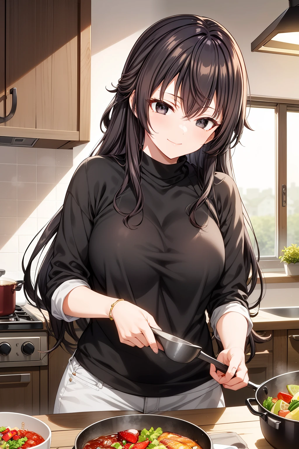 "(morning:1.7), a captivating anime girl, Alisa Kujou, with (22 years:1.1), (beautiful character design:1.4). She has (long black hair:1.4) elegantly flowing and striking (black eyes:1.5) that shine brightly in the soft morning light. Alisa is in the kitchen, cooking a delicious breakfast. She wears a casual, comfortable outfit—a cozy, fitted sweater and soft pants, perfect for a relaxed morning at home. Her expression is focused yet warm, radiating a gentle energy as she stirs a pan on the stove.

Her (slim figure:1.3) and (elegant curves:1.2) are highlighted as she moves gracefully around the kitchen, adding ingredients to the pan with ease. The kitchen is cozy, with wooden counters, warm light coming through the windows, and a touch of rustic charm. The aroma of the meal fills the air, and you can see the sizzling food in the pan, creating a sense of comfort and homeliness.

Alisa flashes a soft, content smile as she prepares the meal, clearly enjoying the simple joy of cooking. Her body language exudes calm confidence, with a relaxed posture and graceful movements. In the background, a beautiful table is set with plates, mugs, and fresh fruit, waiting for the delicious meal to be served. The lighting creates a warm, inviting atmosphere, casting a gentle glow over the scene and enhancing Alisa's radiant presence."