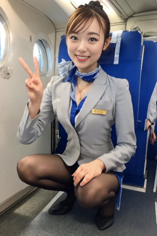  best quality、、 ultra high resolution、masterpiece、Clear photo、Professional Lighting、smile、 very cute girl 、 very cute Yoda snow 、  Very Delicate and Beautiful 、( big erect nipples、  cleavage visible  )、Ultra slim、Slender body、 thin waist、 beautiful legs with tails、( Stewardess、 wearing uniform )、(Squat:1.6)、 belly shortcuts to let the coach touch your body、 brown hair、Full body images、Expose the clutch 、 the crotch is slightly visible、( beautiful fingers、 beautiful fingers先、Beautiful fingers、 peace sign、 double piece、 anatomically correct、Accurate hand drawing:1.2)、Precise finger structure、Correct Hand Structure