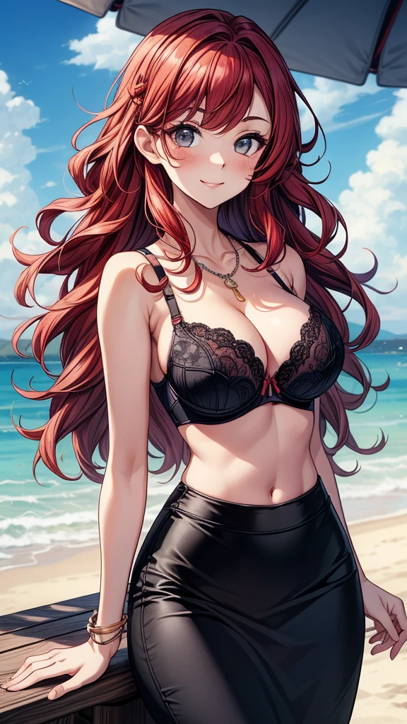 (perfect eyes), Anime style, Painting, absurderes、perfect anatomia、Hani , azur Bra visible、breasts out、long hair, ‎cleavage of the breast, natural breasts, on the beach, see-through, white shirt, red blush, smile, redhead, red hairs, azur string, looking at the ground, black panties, black bra, looking sad, she is sorry