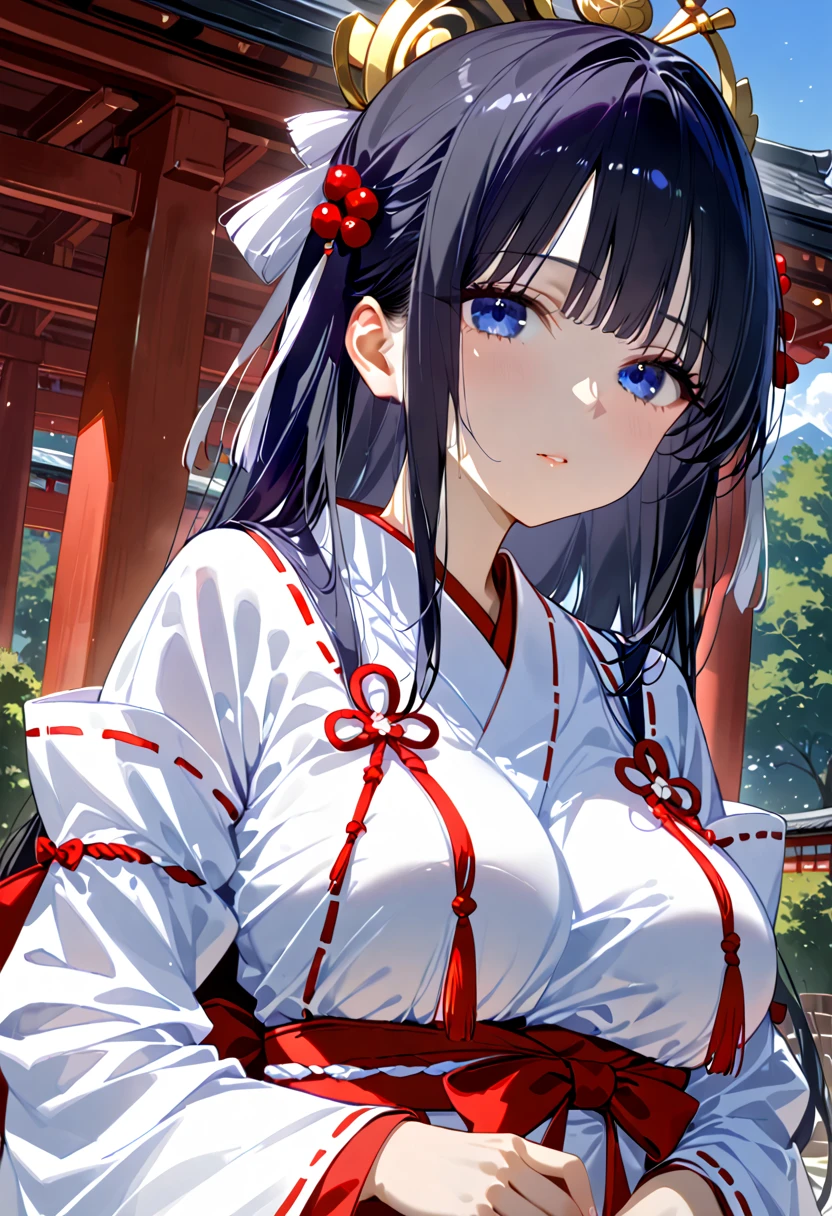 Best Quality, masterpieceUltra HD, 8k，((Japanese Shrine Maiden Clothing))， simple village girl、Black Hair，青 eyes，Shortcuts, Best Quality,High resolution, Ultra HD, blue eyes,