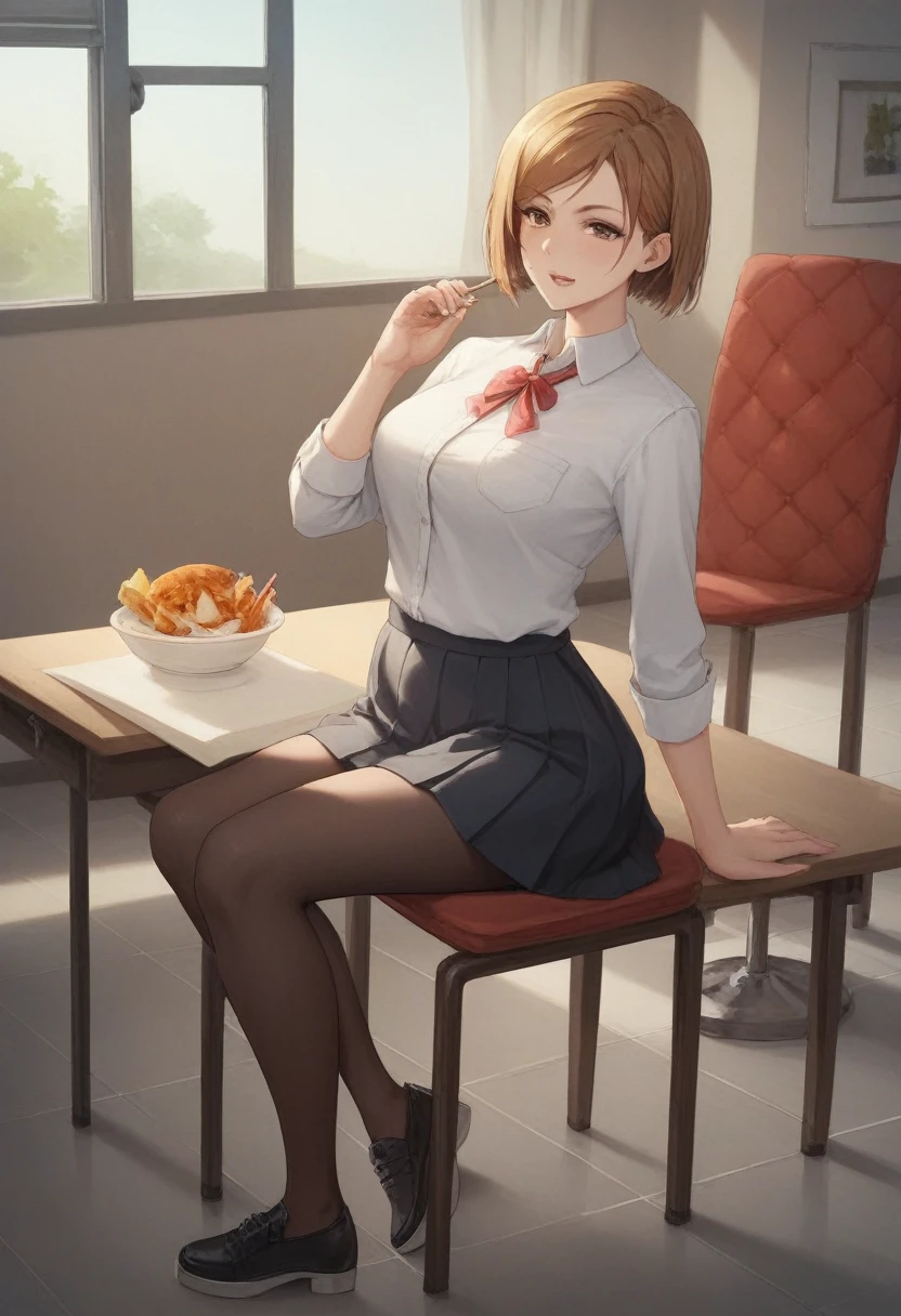 masterpiece,best quality,best details,nsfw,1 girl,short hair,brown hair,brown eyes,precise fingers,dress shirt,skirt,long black tights,long sleeve,meal,a lot of food on the table,belly feels a little bloated,sit on a chair,underground room,trapped underground room,Kugisaki Nobara,