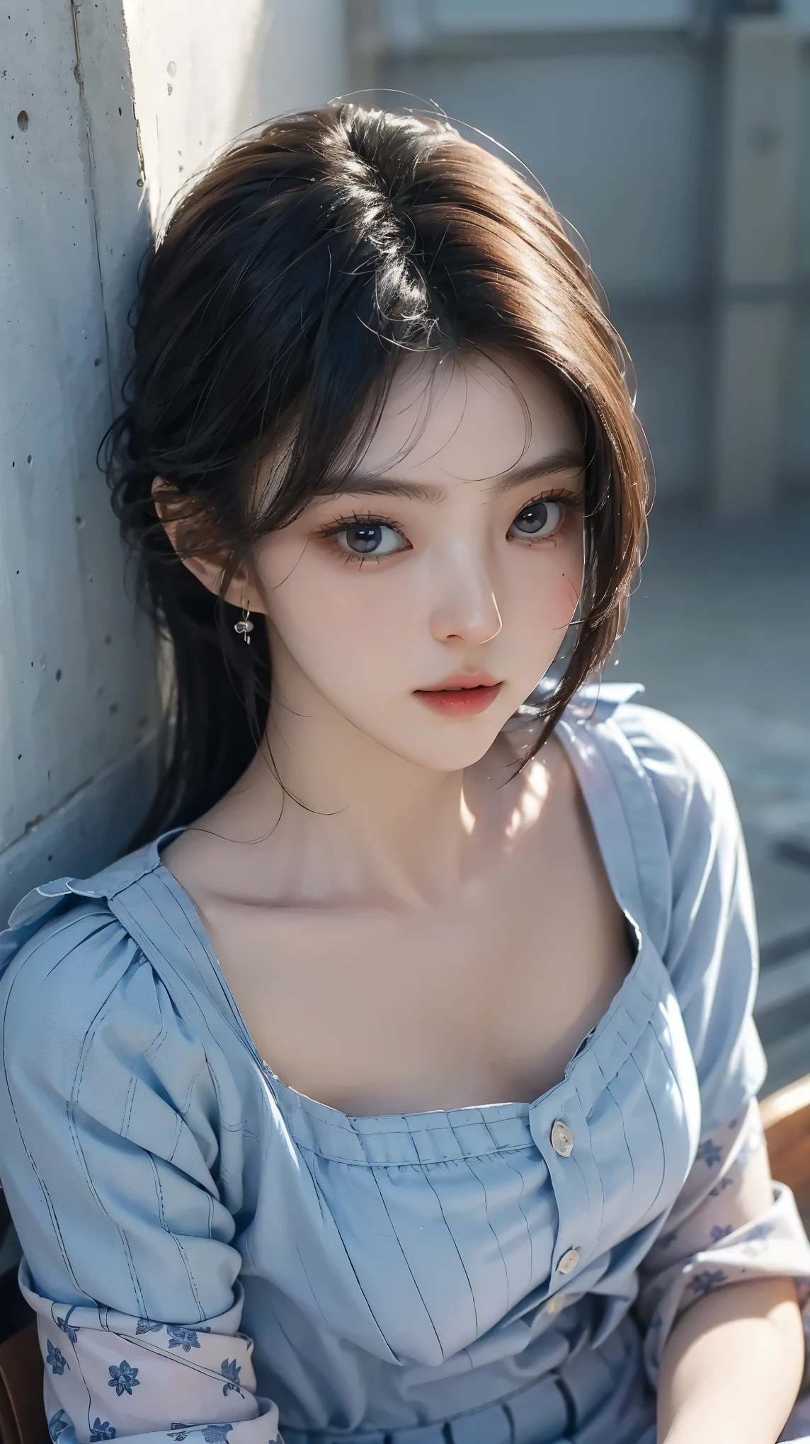 (masterpiece), ( top ), (  High Quality Details), (illustration), ( Watch 1 female ), Staring at the viewer , (Interview),  Beautiful, Detailed Eyes  ,  delicate and beautiful face  , Floating  , (High saturation), (shining),  blue sky, Bright and beautiful face,  skin is young and radiant  , Fair and shining, top 외모 , Very beautiful,  Her big eyes shine with a clear sky blue light while staring at the viewer ,  A beautiful and amazingly beautiful girl staring at her viewer ,