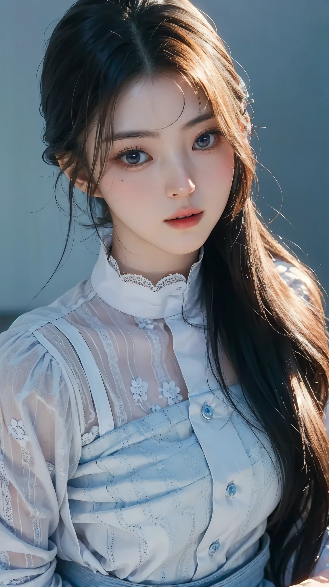 (masterpiece), ( top ), (  High Quality Details), (illustration), ( Watch 1 female ), Staring at the viewer , (Interview),  Beautiful, Detailed Eyes  ,  delicate and beautiful face  , Floating  , (High saturation), (shining),  blue sky, Bright and beautiful face,  skin is young and radiant  , Fair and shining, top 외모 , Very beautiful,  Her big eyes shine with a clear sky blue light while staring at the viewer ,  A beautiful and amazingly beautiful girl staring at her viewer ,