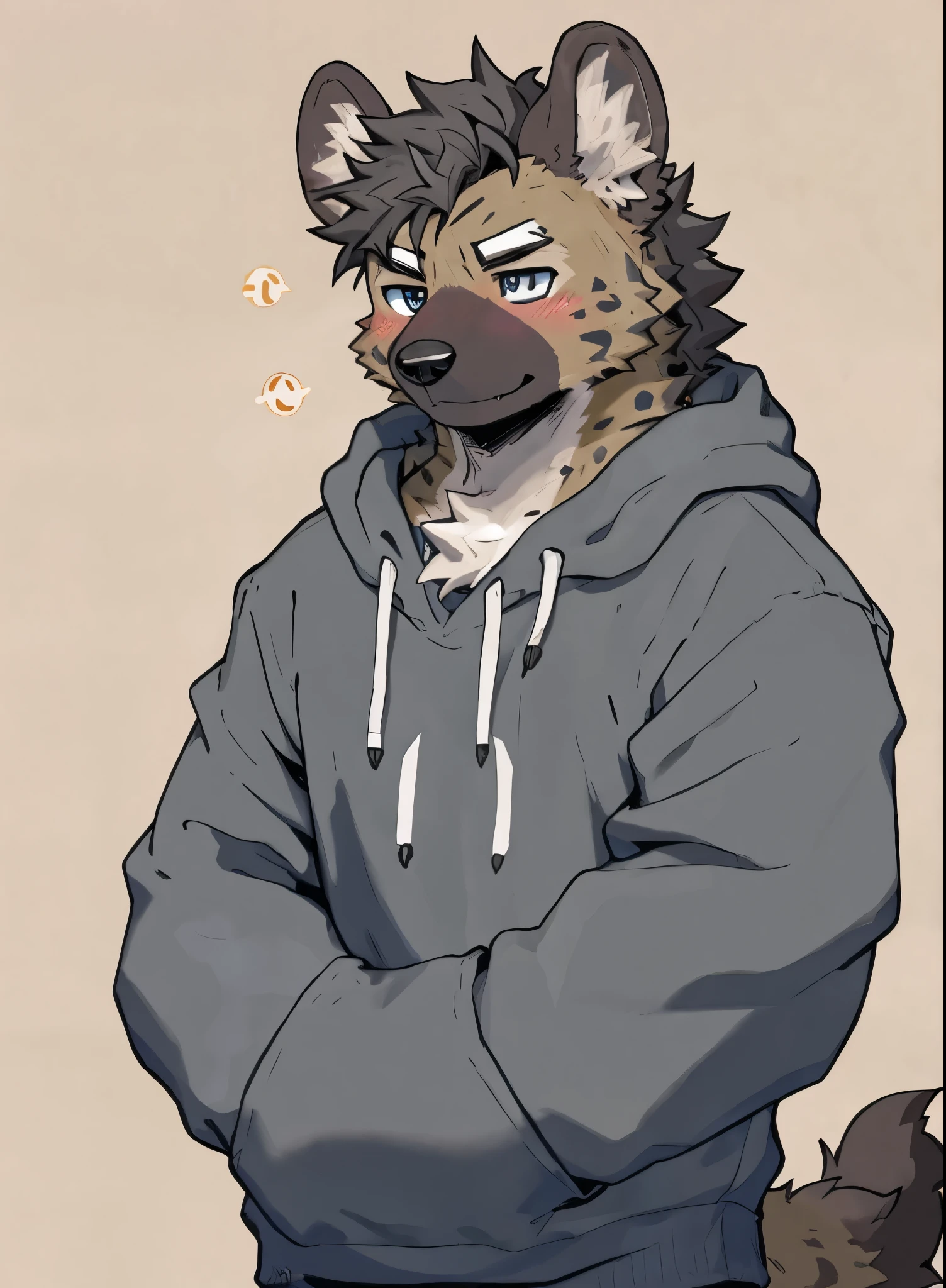 hyena,male, simple background,The eyes are round,I'm wearing a large gray hoodie,Different eye colours,Messy hair,blush,A character with only one person,adult