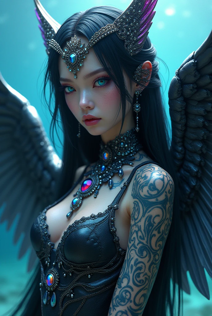 A beautifully drawn (((close-up portrait))), capturing the essence of a (((Siren Maleficent))) - a fallen angel with powerful attributes of an evil spirit, blending human and hybrid creature traits, evoking a sense of the unknown, with intricate details that defy reality, set against a backdrop of a (((Dark Phoenix Fae))), a creature possessing humans amidst a desolate atmosphere of Silent Hill, with striking contrasts that elevate its ethereal beauty, drawn in the style of iconic artists like Luis Royo and Julie Bell, dressed in elaborate attire that complements its fantastical allure, advanced hyperrealism, advanced lighting effects, advanced color grading techniques, and 4K/8K/16K gigapixel resolution for ultra-detailed realism