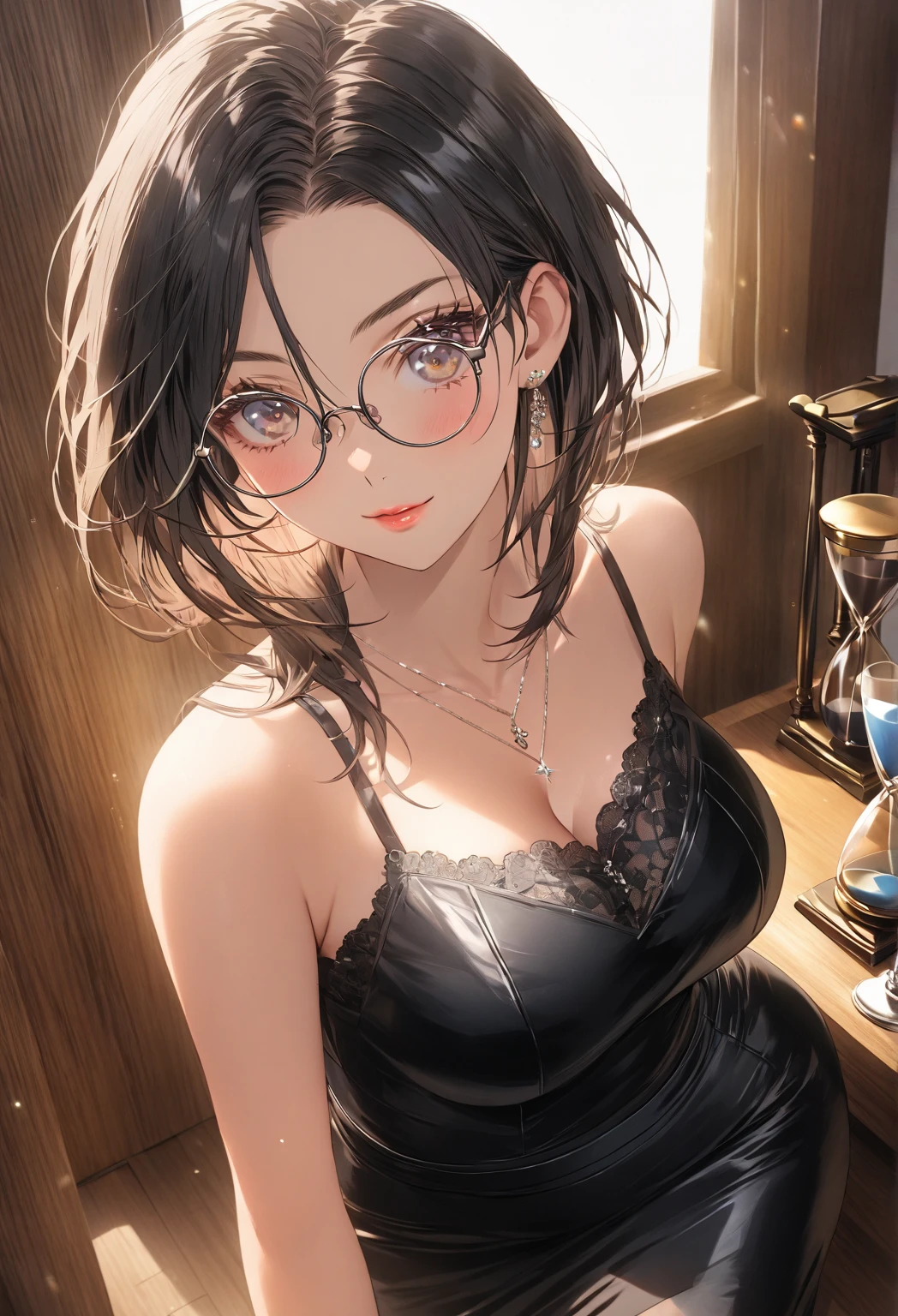 ((highest quality)), ((masterpiece)), (detailed), (front view), (one girl), sexy, shiny skin, glossy skin, height 168cm, bust 120cm, medium size breast, hourglass body, housewife, black hair parted bangs, A mother with warm eyes, Wearing round glasses, Looking at viewer with gentle eyes, wearing a sleek, fitted office ensemble with a tailored blazer over a silk camisole, paired with a high-waisted pencil skirt that ends just above the knee. The blazer has structured shoulders and subtle lapels, while the skirt's fabric hugs her figure elegantly. Paired with classic pumps, minimal jewelry, and a stylish leather watch, this outfit is polished and professional, enhancing her graceful and poised appearance. The fabric is slightly translucent in the sunlight.